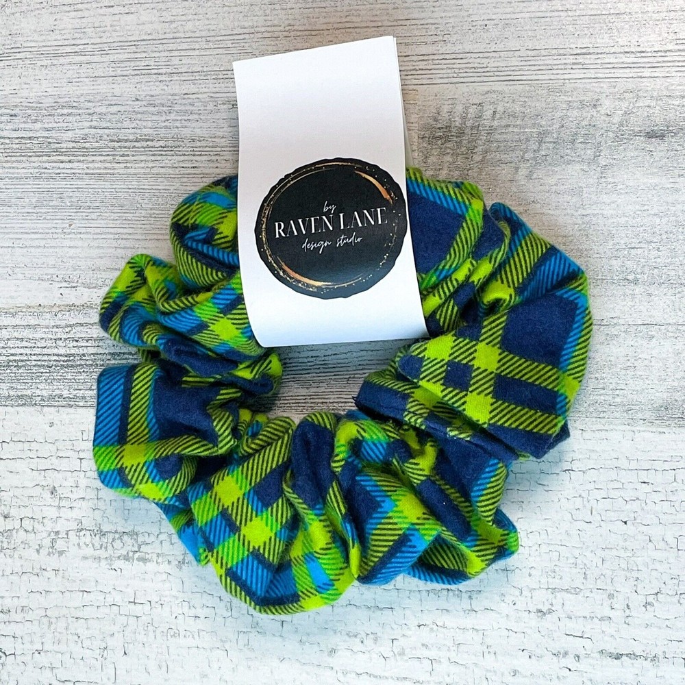 Blue & Green Flannel Scrunchie | Big Scrunchies Fashion Hair Ties Medium Volume